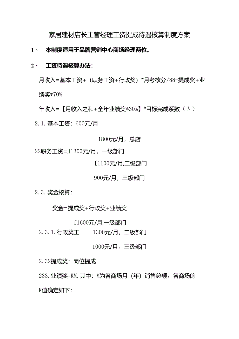 家居建材门窗门店店长主管经理工资提成待遇核算制度方案.docx_第1页