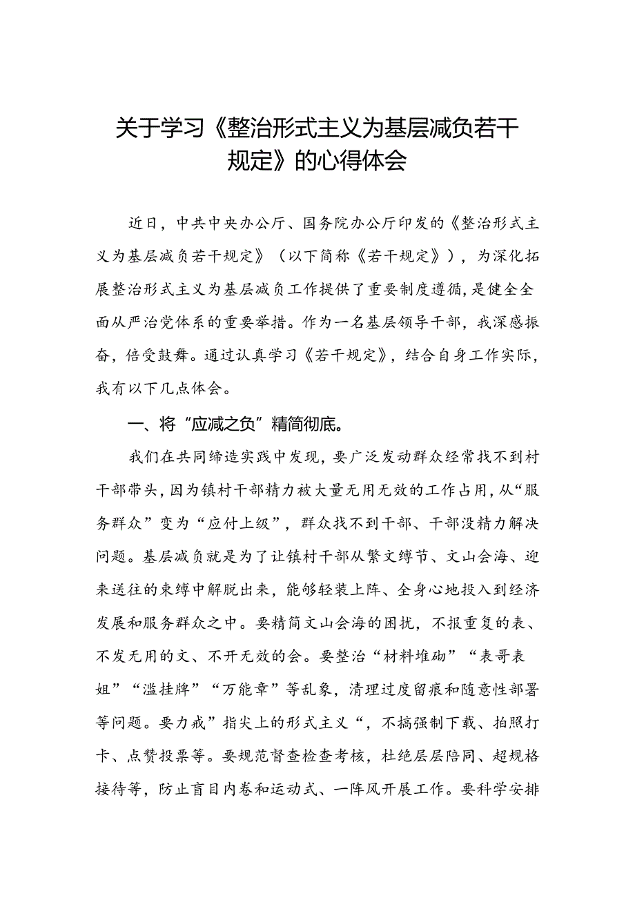 学习贯彻整治形式主义为基层减负若干规定专题培训研讨发言.docx_第1页