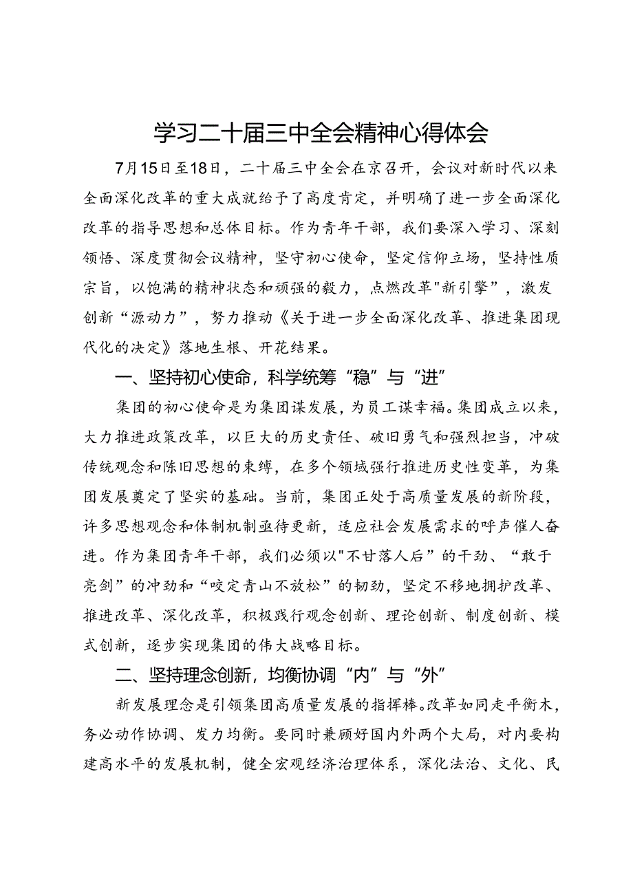 公司青年干部学习二十届三中全会精神心得体会.docx_第1页