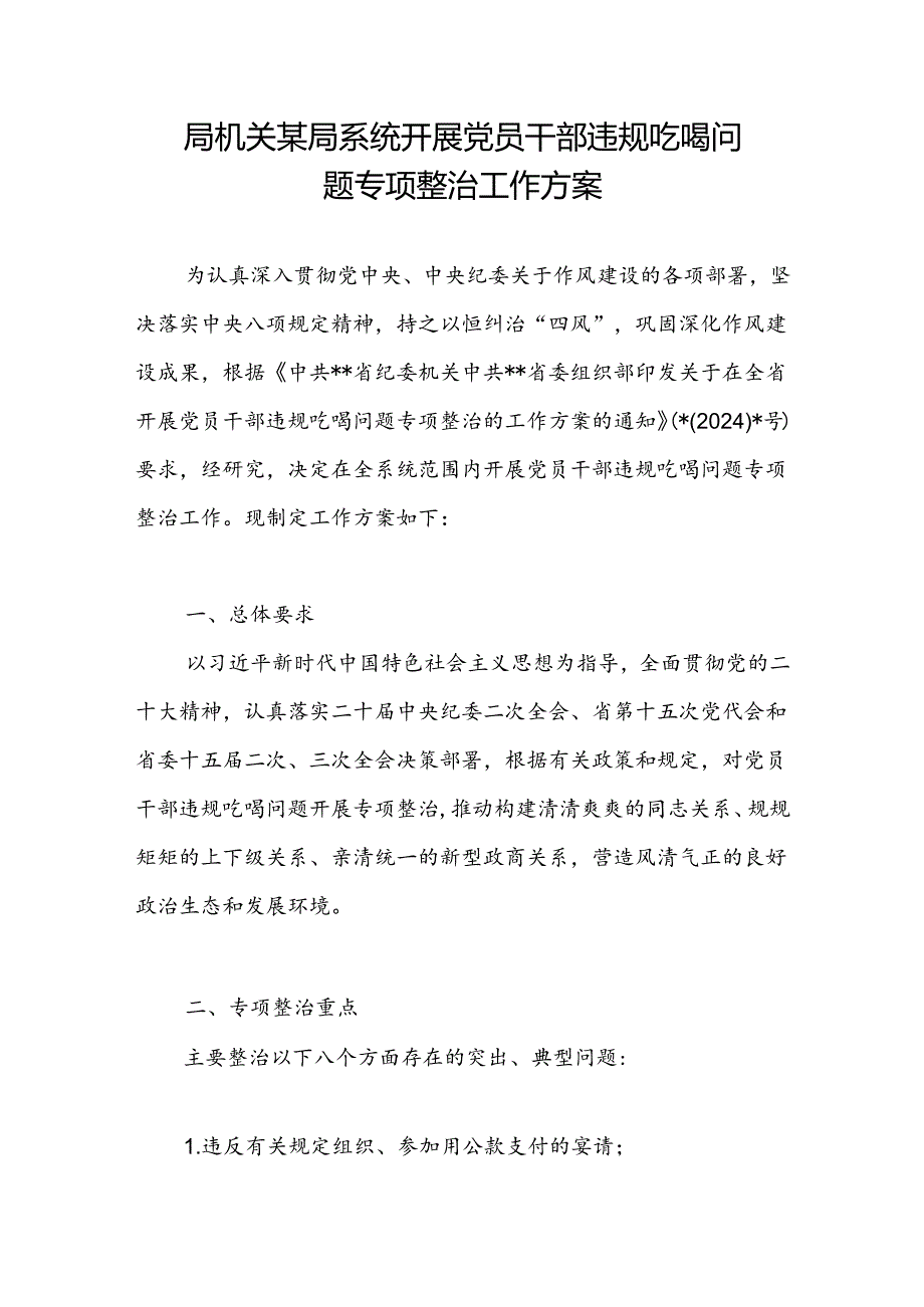 2024局机关某局系统开展党员干部违规吃喝问题专项整治工作方案.docx_第1页