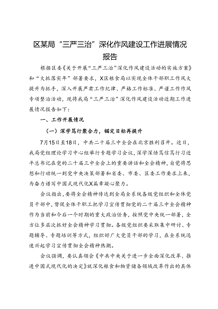 区某局“三严三治”深化作风建设工作进展情况报告.docx_第1页