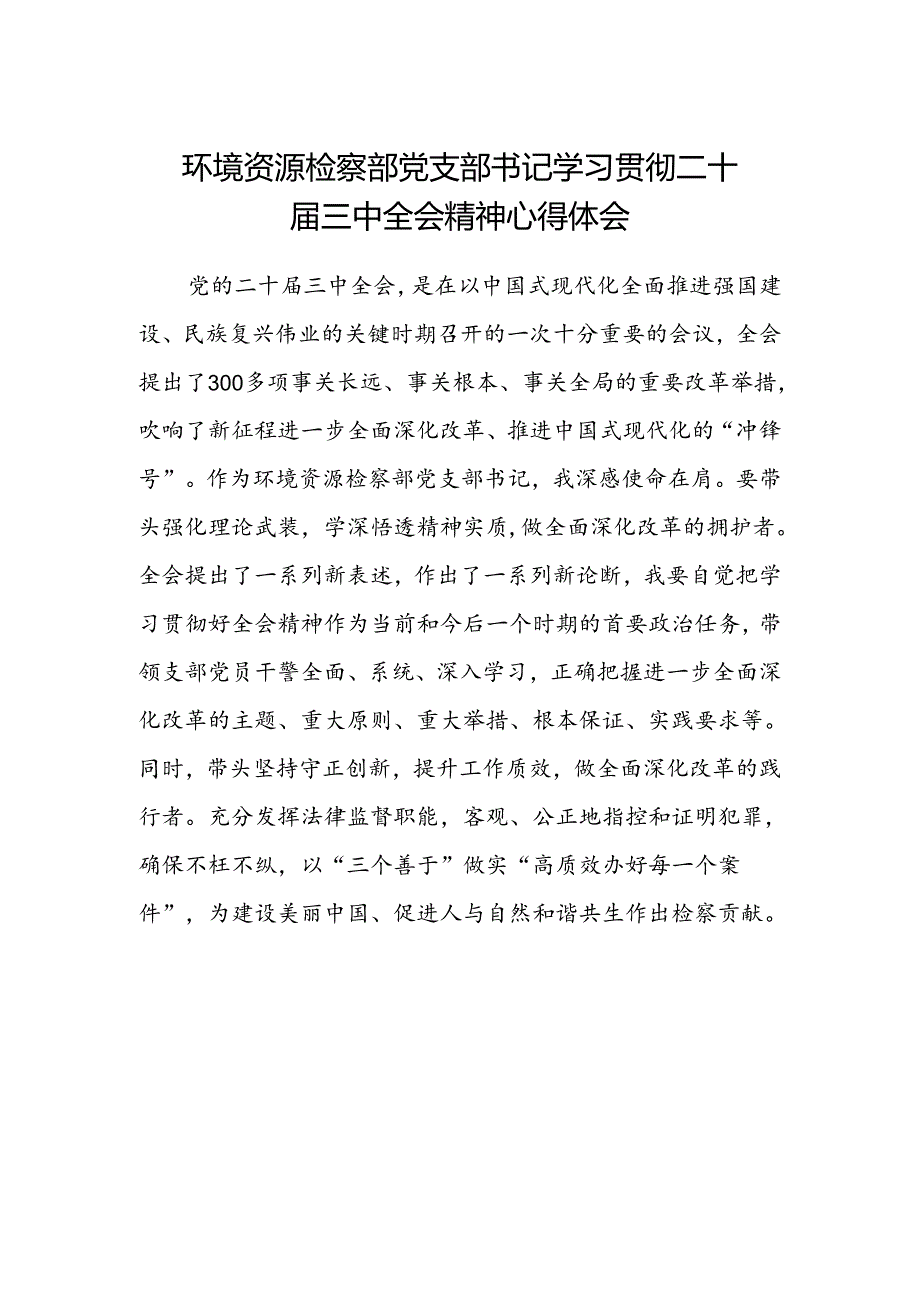 环境资源检察部党支部书记学习贯彻二十届三中全会精神心得体会.docx_第1页