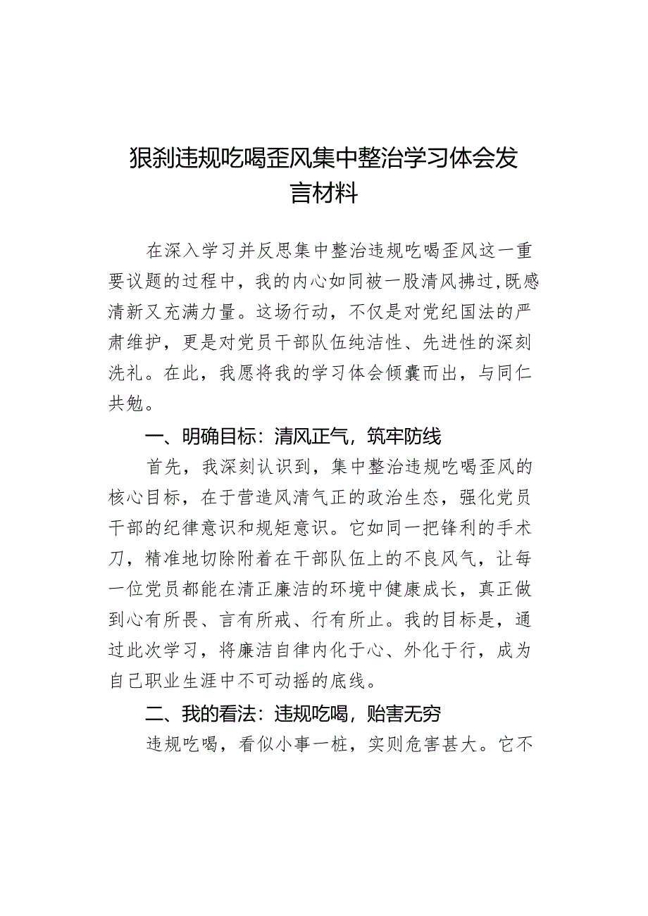 狠刹违规吃喝歪风集中整治学习体会发言材料.docx_第1页