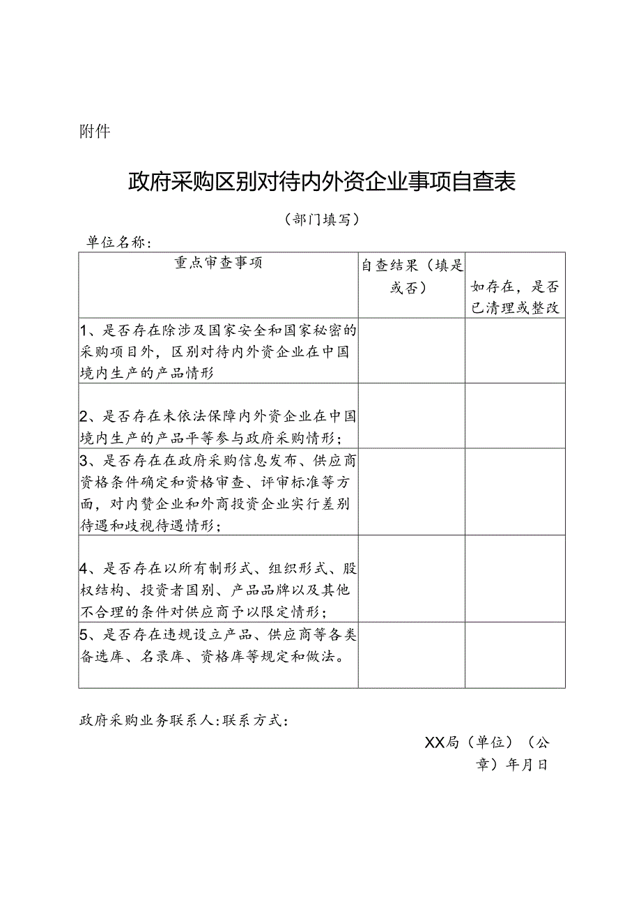 政府采购区别对待内外资企业事项自查表.docx_第1页