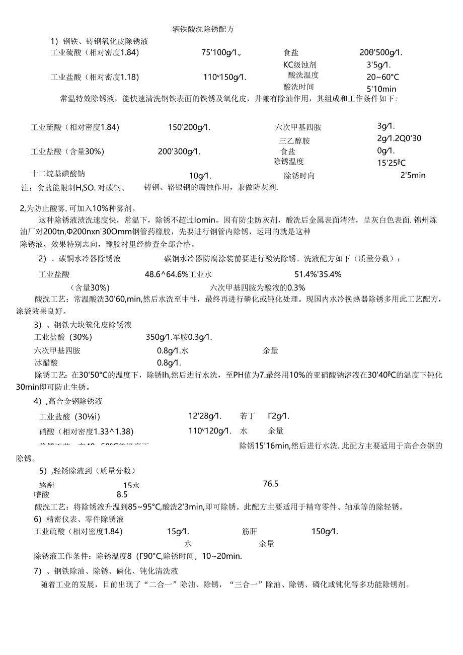 各种钢铁管道用酸洗、除锈配方.docx_第1页