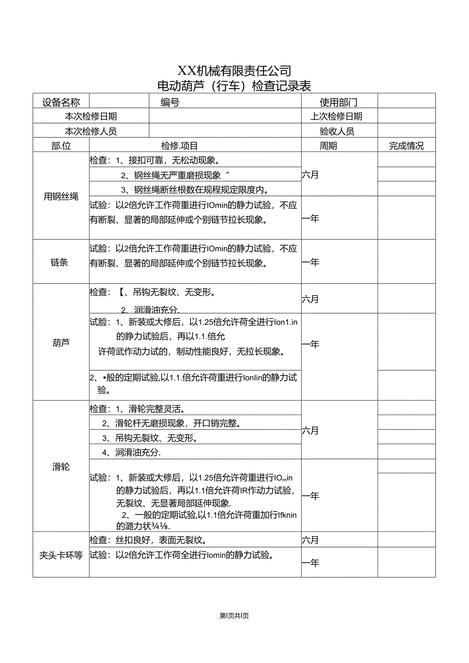 XX机械有限责任公司电动葫芦（行车）检查记录表（2024年）.docx_第1页