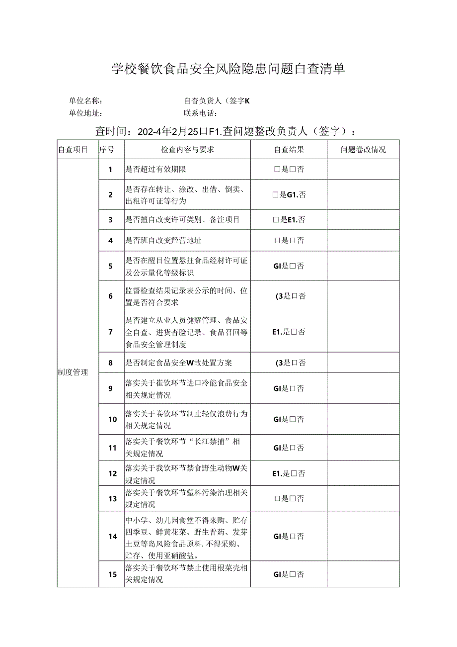 学校餐饮食品安全风险隐患问题自查清单.docx_第1页