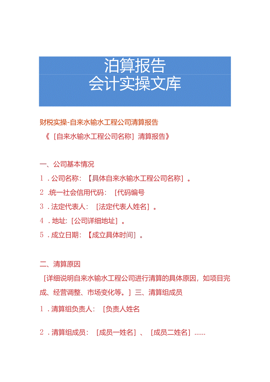 财税实操-自来水输水工程公司清算报告.docx_第1页