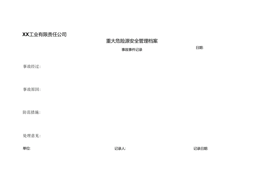 XX工业有限责任公司重大危险源安全管理档案（事故事件记录）（2024年）.docx_第1页