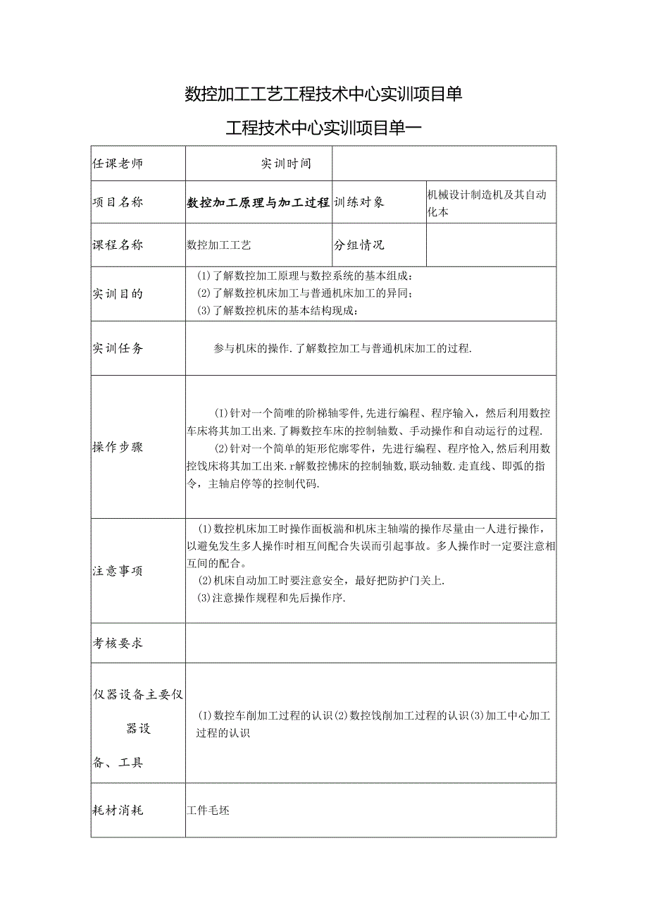 数控加工工艺工程技术中心实训项目单.docx_第1页