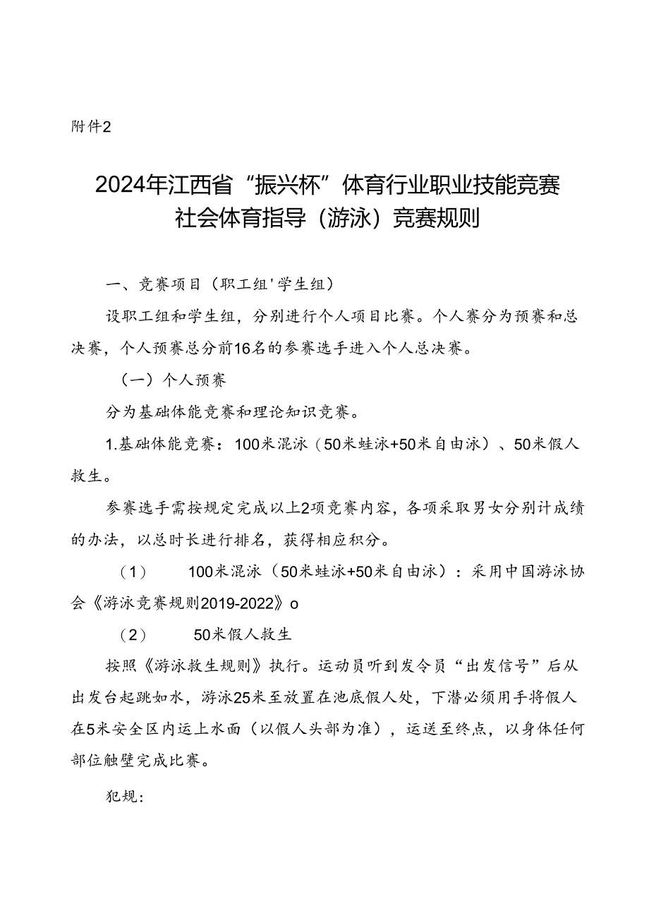 2024年江西省“振兴杯”体育行业职业技能竞赛社会体育指导（游泳）竞赛规则.docx_第1页