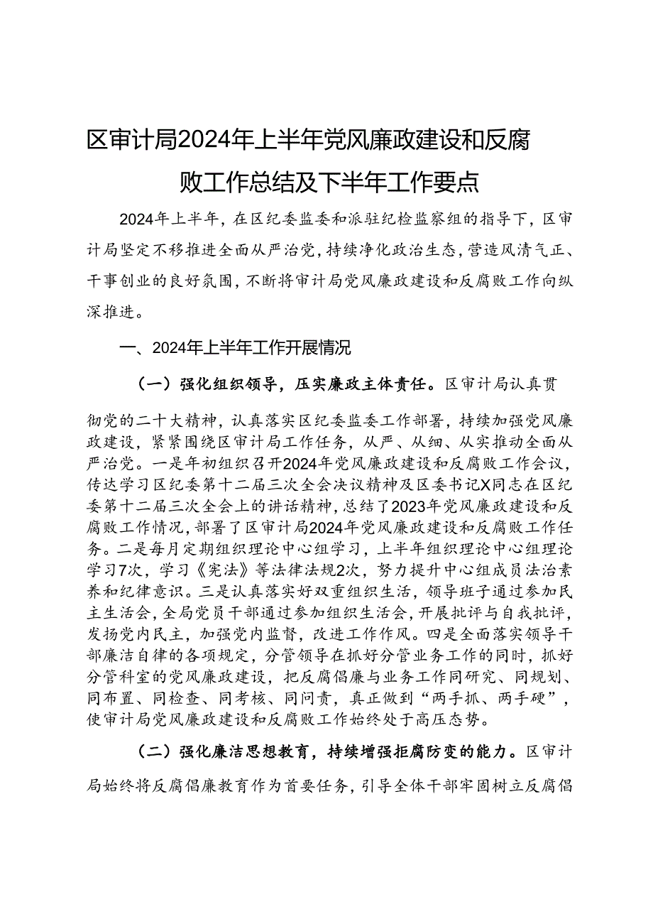 区审计局2024年上半年党风廉政建设和反腐败工作总结及下半年工作要点.docx_第1页