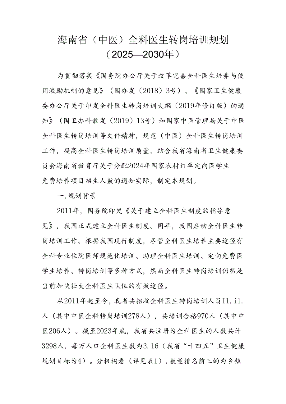 海南省（中医）全科医生转岗培训规划（2025—2030年）.docx_第1页