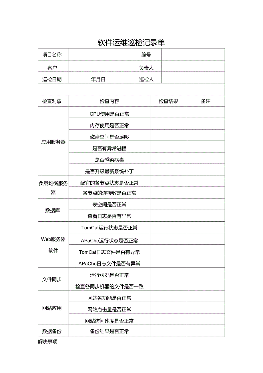 软件应用系统运维巡检记录表模板.docx_第1页