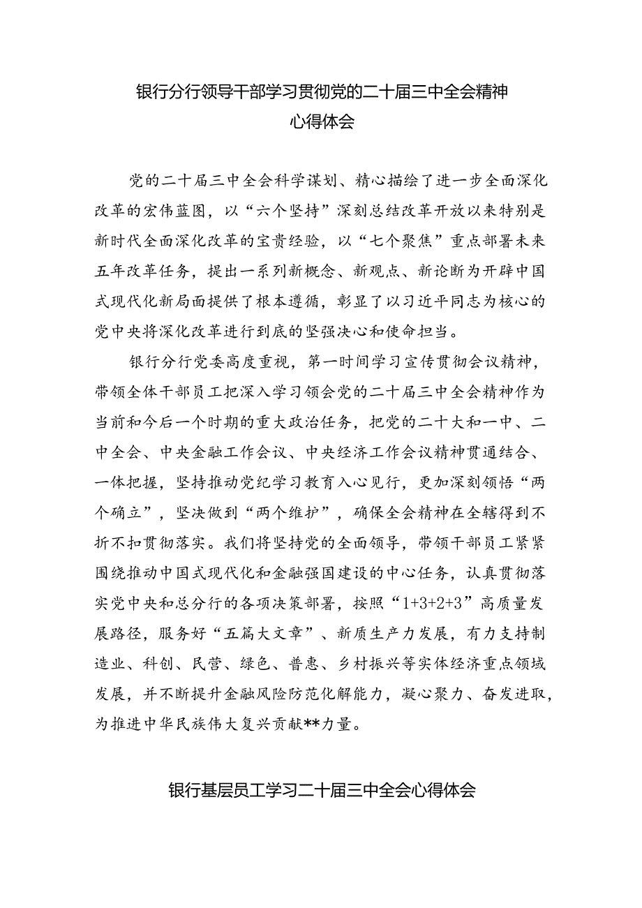 （9篇）银行分行党委书记学习贯彻党的二十届三中全会精神心得体会集合.docx_第2页