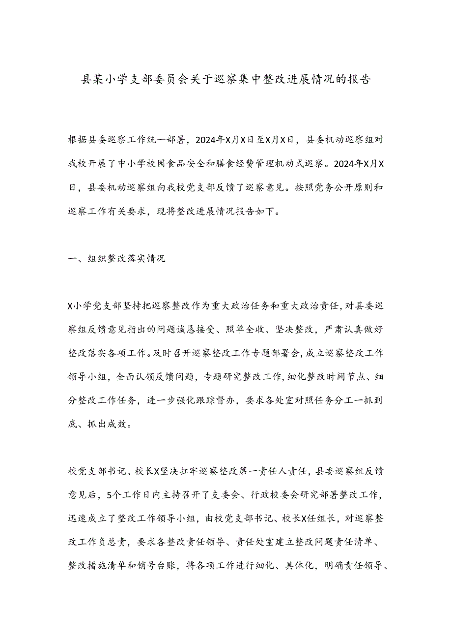 县某小学支部委员会关于巡察集中整改进展情况的报告.docx_第1页