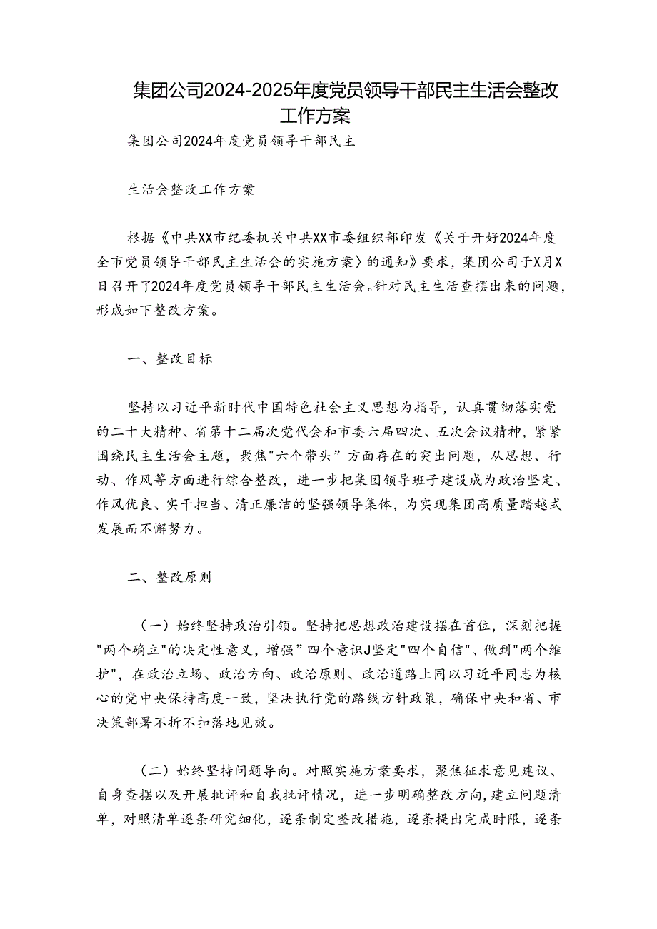 集团公司2024-2025年度党员领导干部民主生活会整改工作方案.docx_第1页