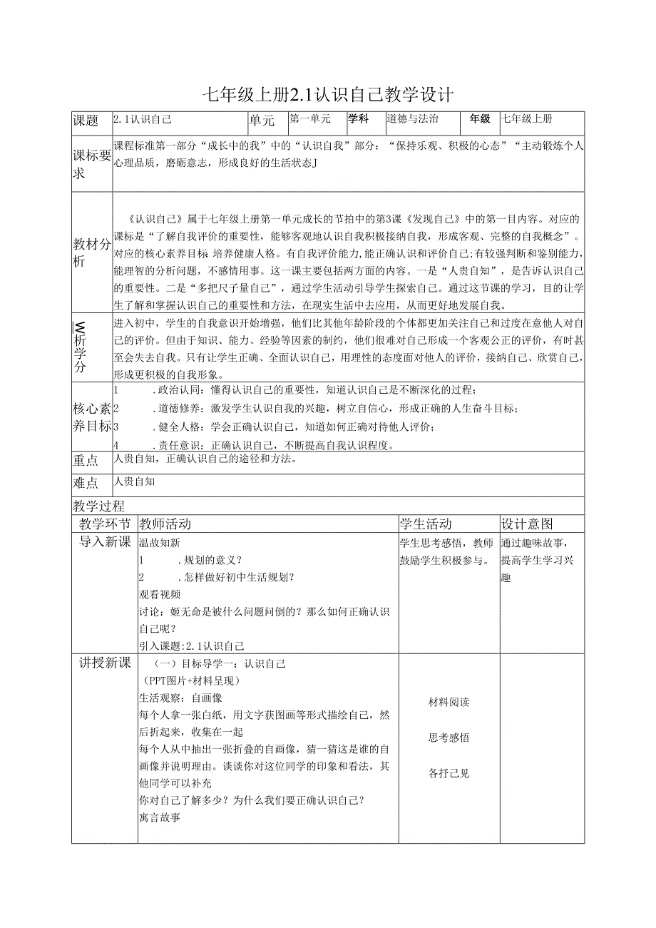 部编道德与法治七年级上册第二课《 2.1 认识自己》 教学设计.docx_第1页