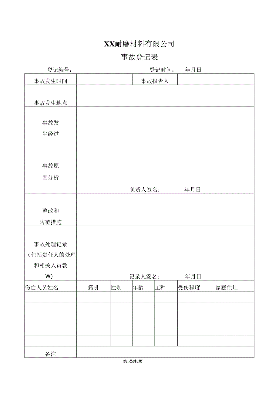 XX耐磨材料有限公司事故登记表（2024年）.docx_第1页