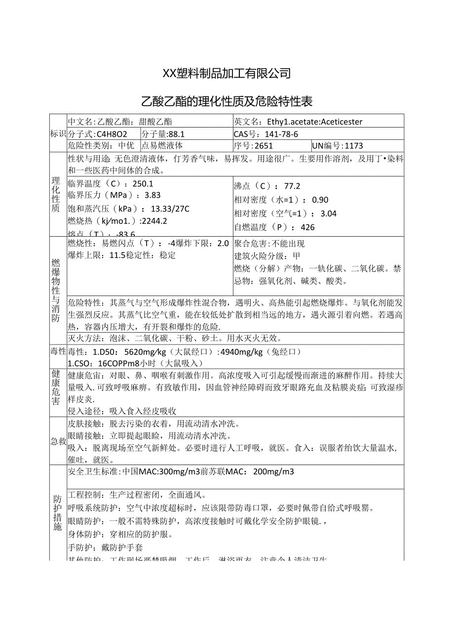 XX塑料制品加工有限公司乙酸乙酯的理化性质及危险特性表（2024年）.docx_第1页