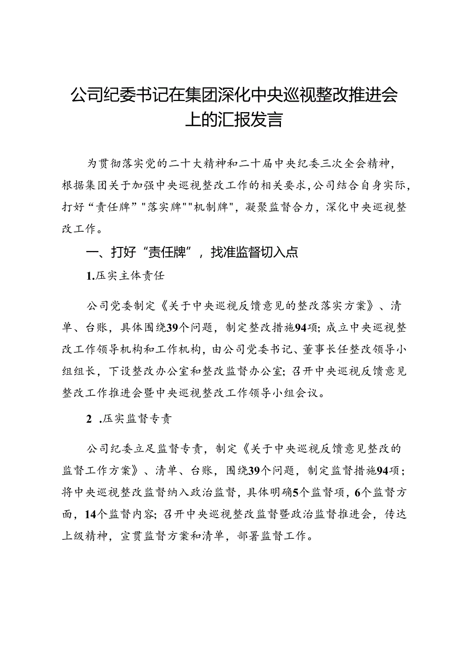 公司纪委书记在集团深化中央巡视整改推进会上的汇报发言.docx_第1页