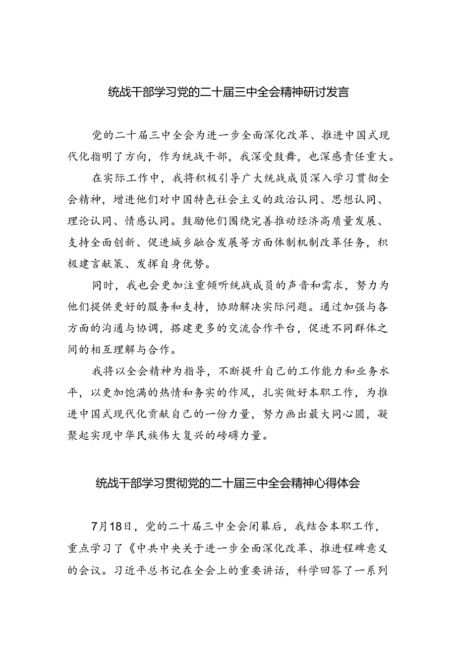 （9篇）统战干部学习党的二十届三中全会精神研讨发言（最新版）.docx_第1页