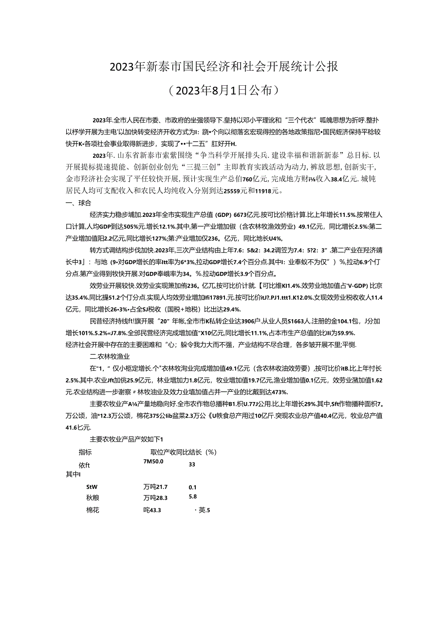 2023年新泰市国民经济和社会发展统计公报.docx_第1页