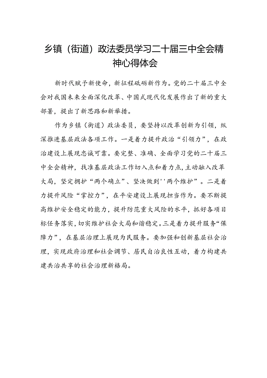 乡镇(街道)政法委员学习二十届三中全会精神心得体会.docx_第1页