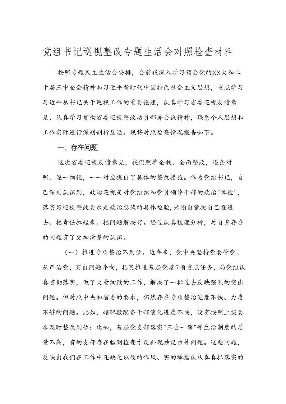 党组书记巡视整改专题生活会对照检查材料.docx_第1页