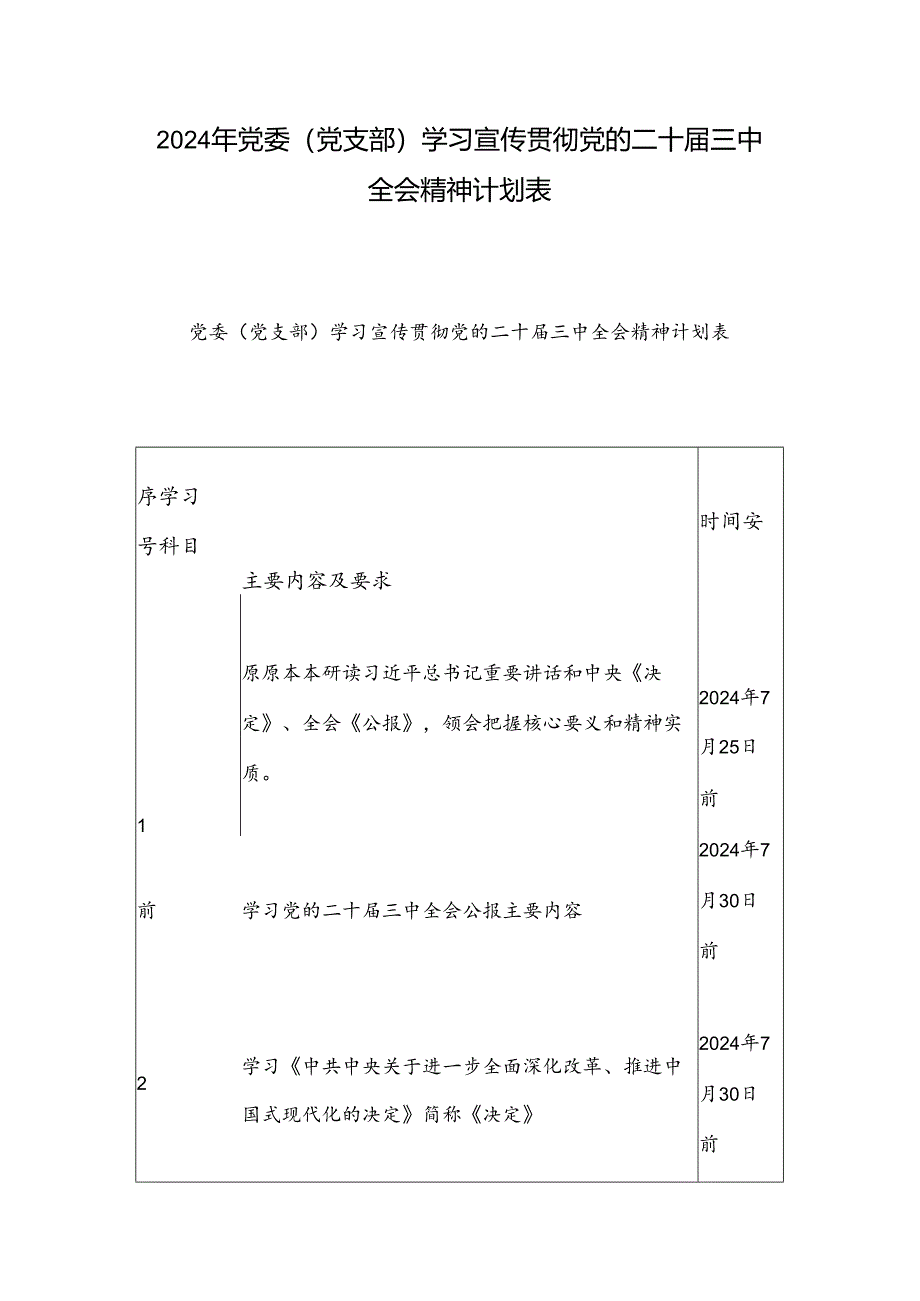 2024年党委（党支部）学习宣传贯彻党的二十届三中全会精神计划表.docx_第1页