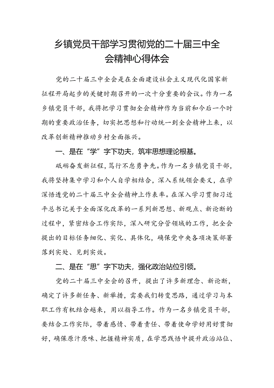 乡镇党员干部学习贯彻党的二十届三中全会精神心得体会.docx_第1页