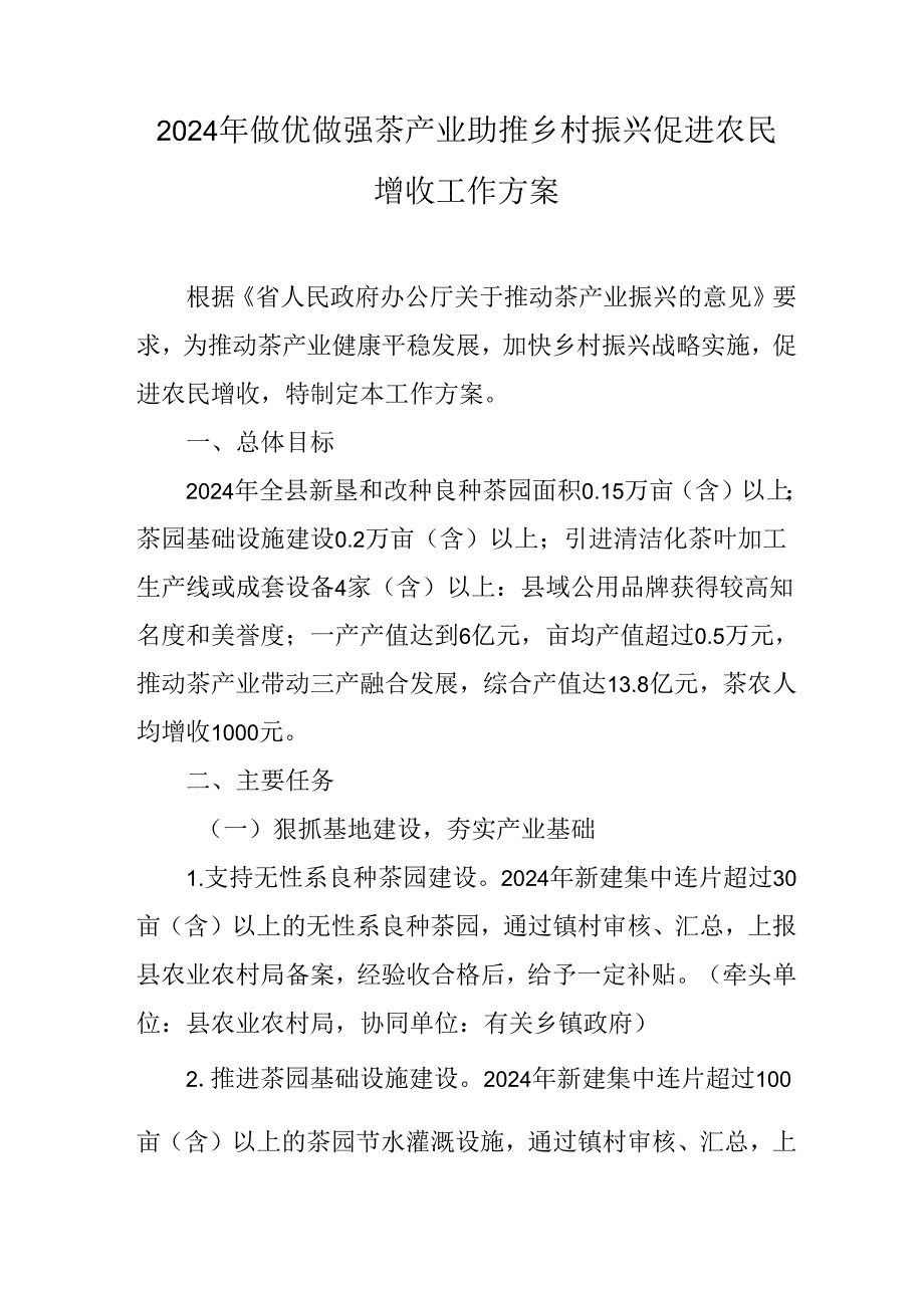 2024年做优做强茶产业助推乡村振兴促进农民增收工作方案.docx_第1页