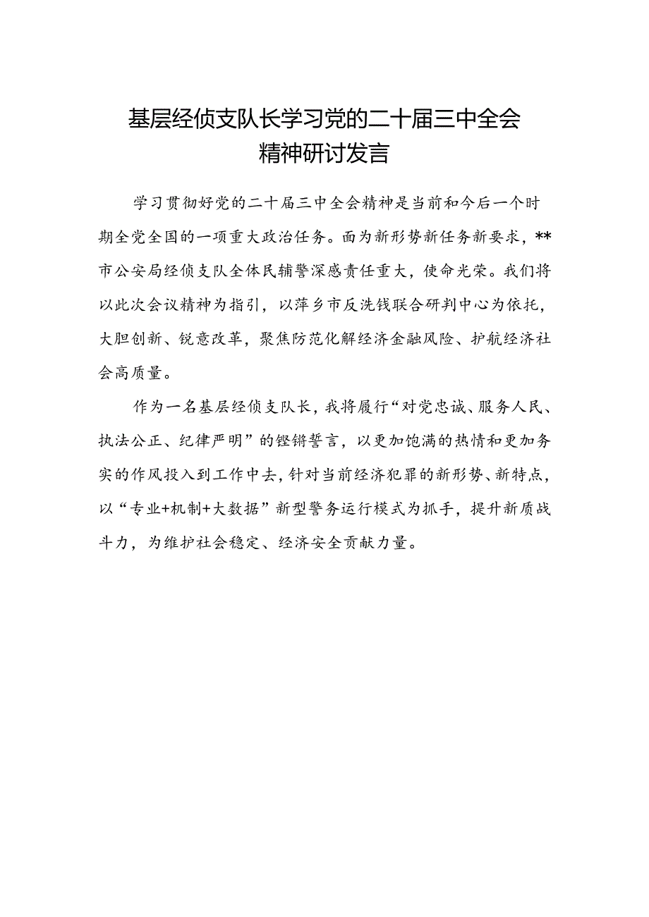 基层经侦支队长学习党的二十届三中全会精神研讨发言.docx_第1页