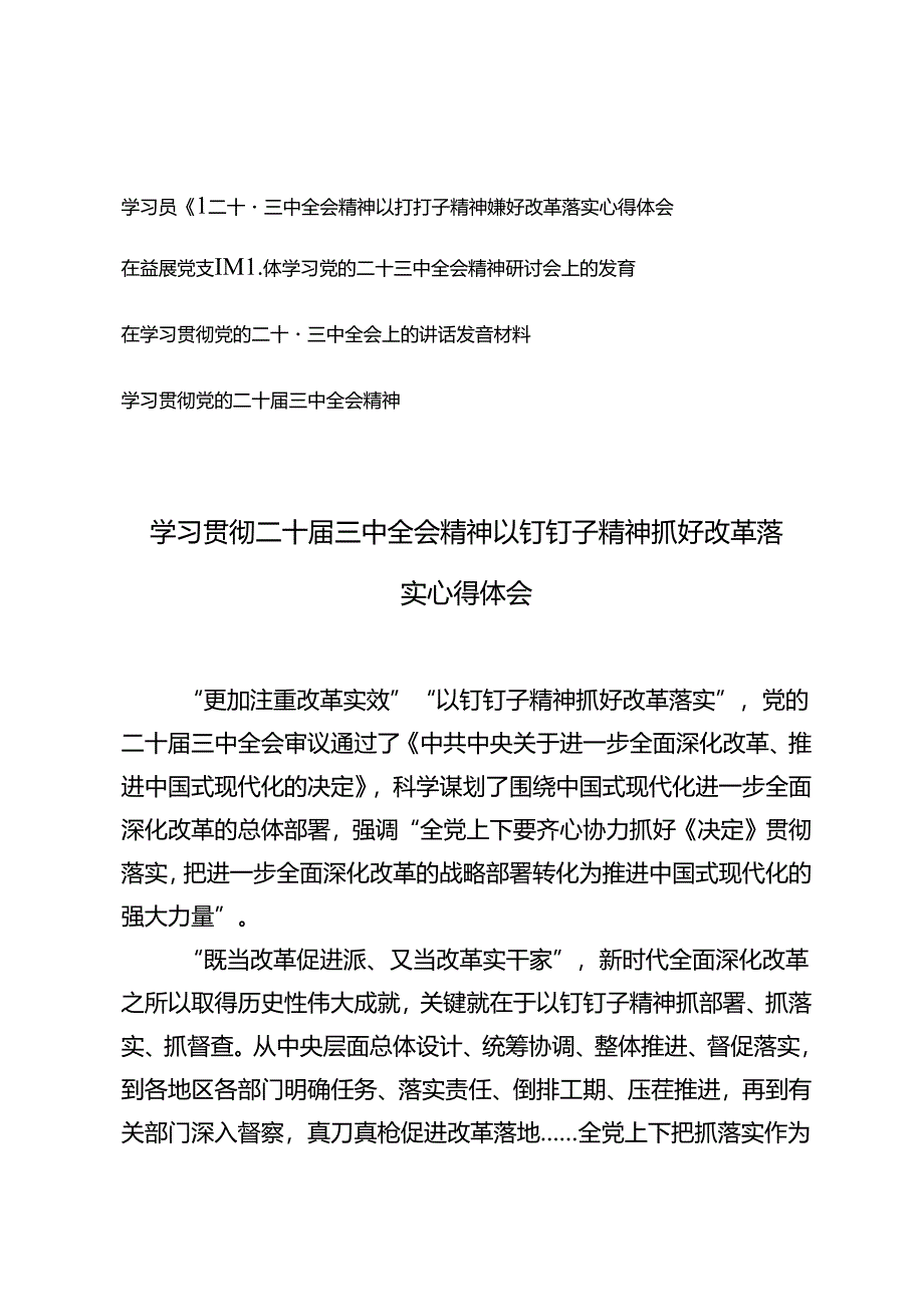 4篇 党支部学习二十届三中全会精神以钉钉子精神抓好改革落实心得体会.docx_第1页