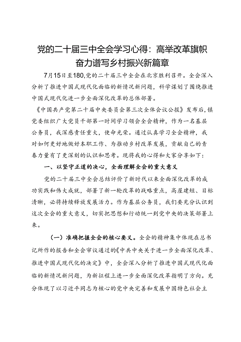 党的二十届三中全会学习心得：高举改革旗帜奋力谱写乡村振兴新篇章.docx_第1页