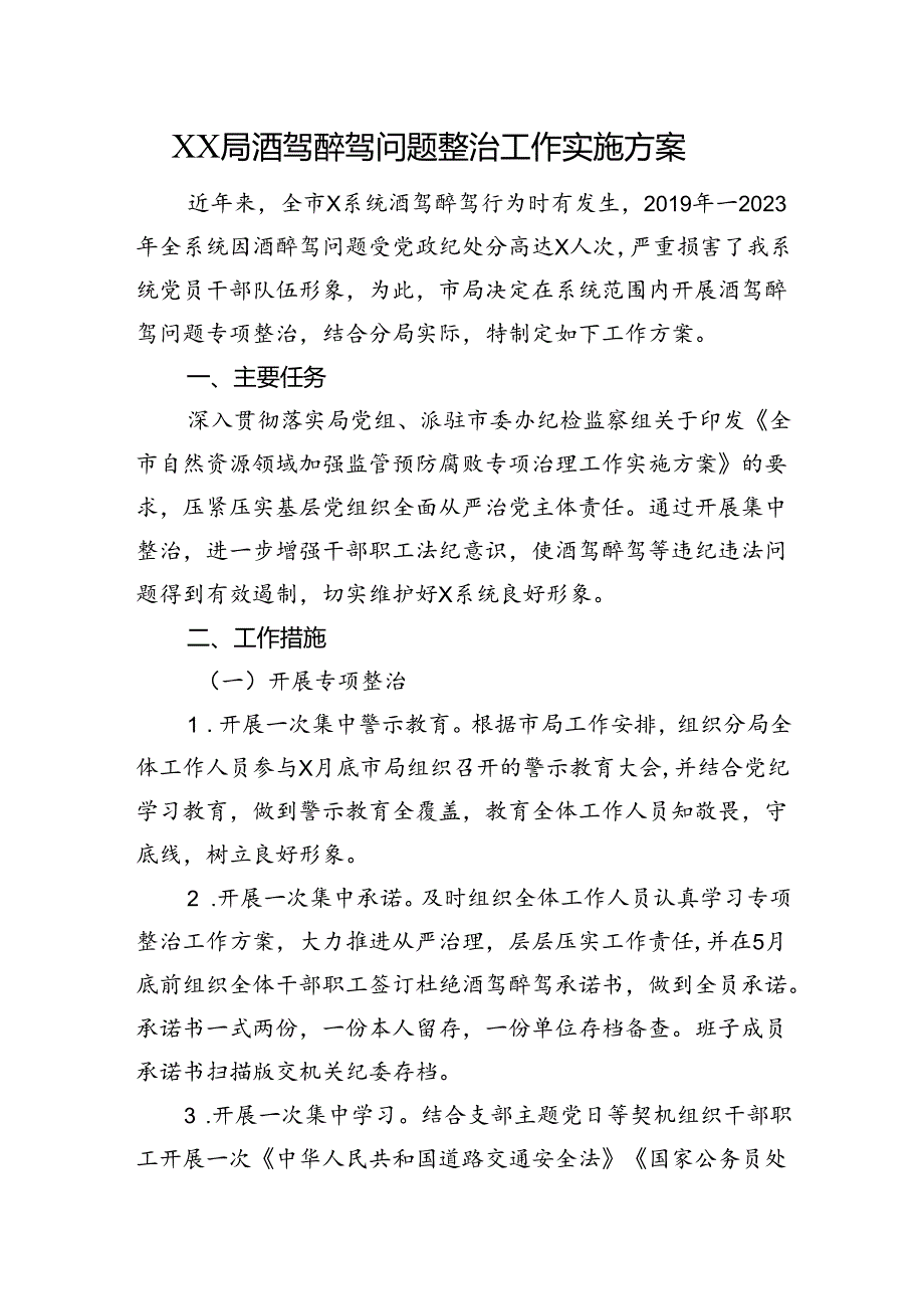 XX局酒驾醉驾问题整治工作实施方案.docx_第1页