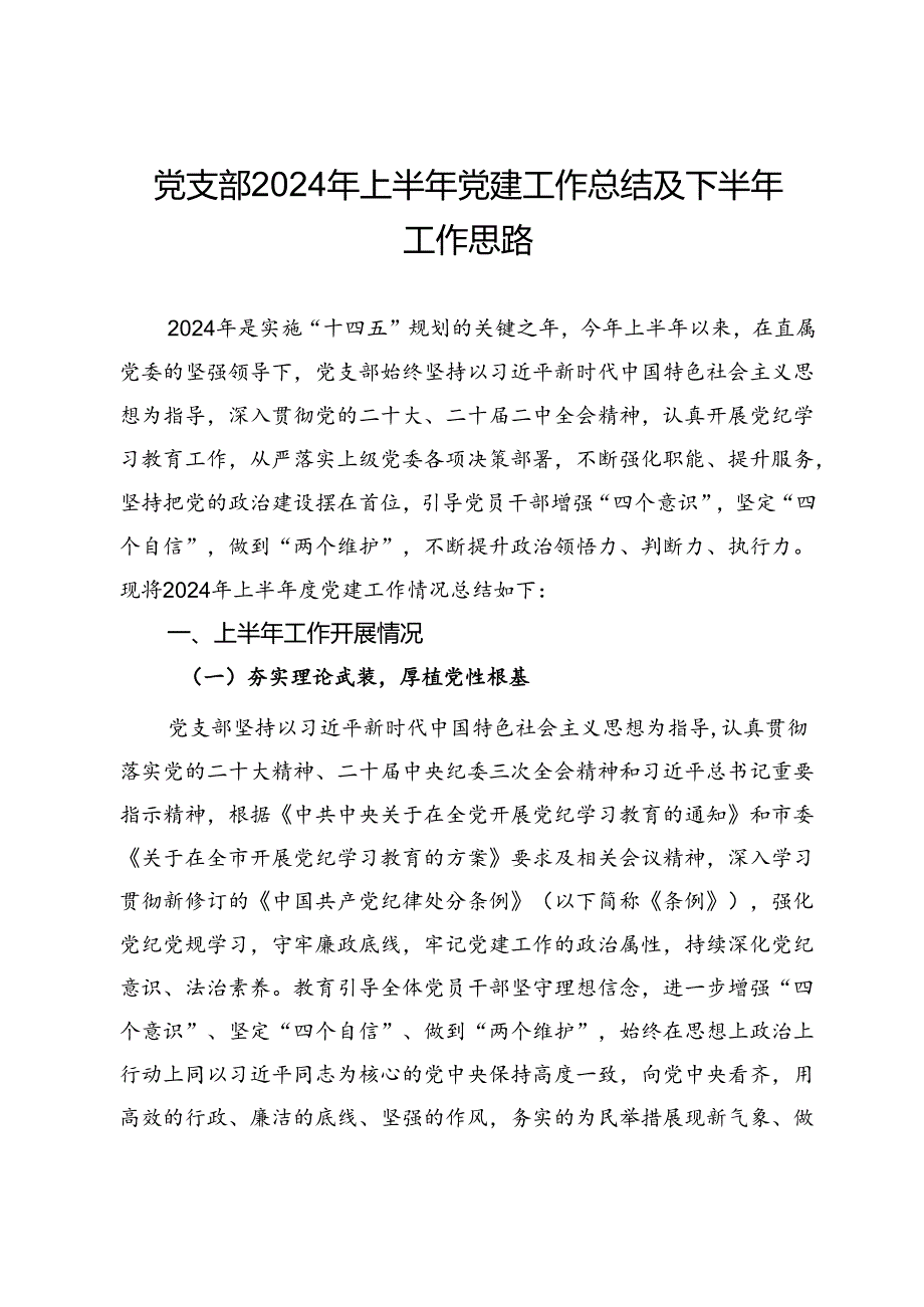 党支部2024年上半年党建工作总结及下半年工作思路.docx_第1页