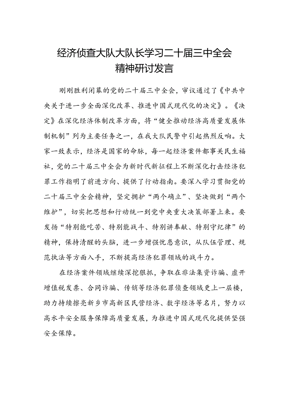 经济侦查大队大队长学习二十届三中全会精神研讨发言.docx_第1页