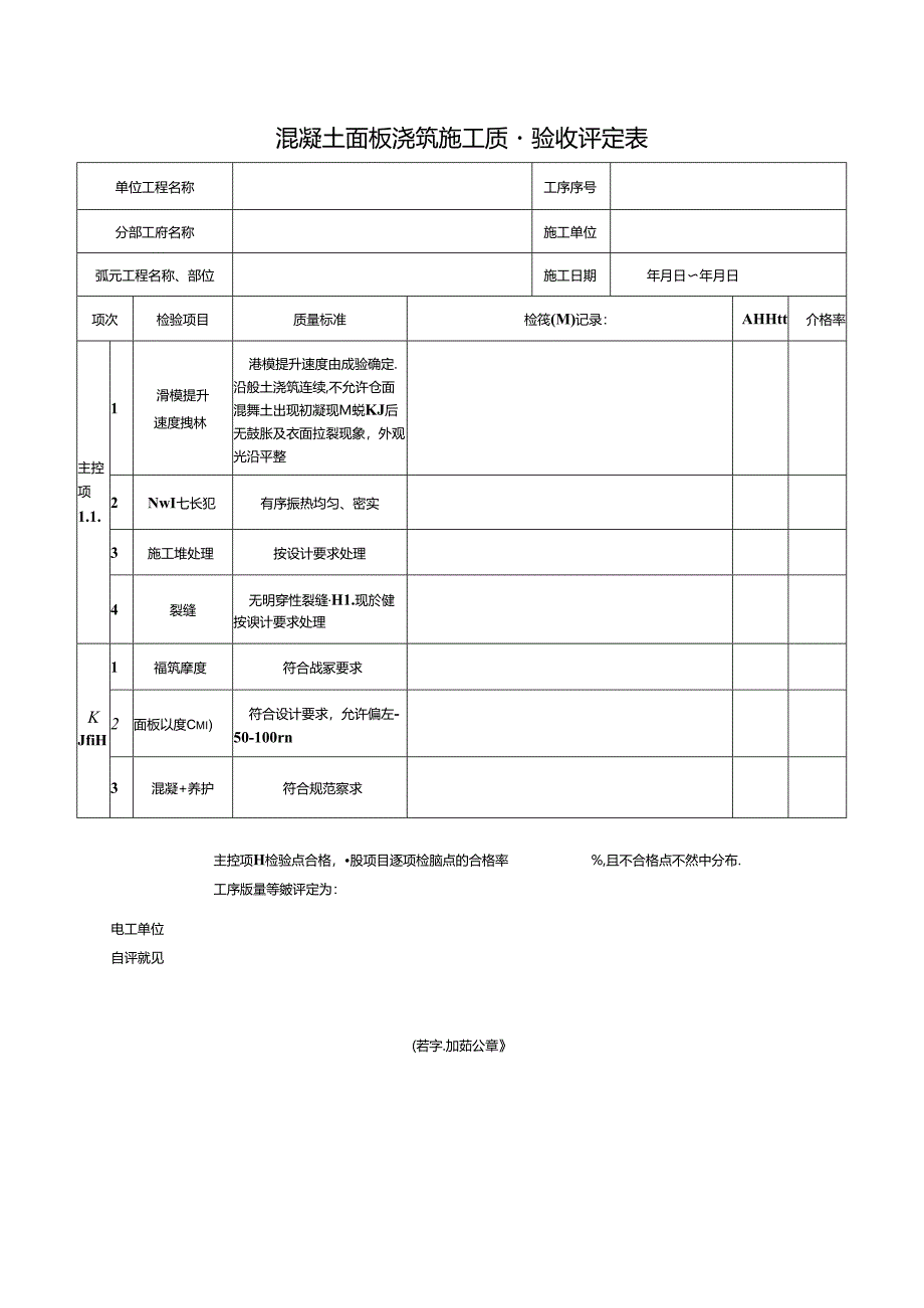 混凝土面板浇筑施工质量验收评定表.docx_第1页