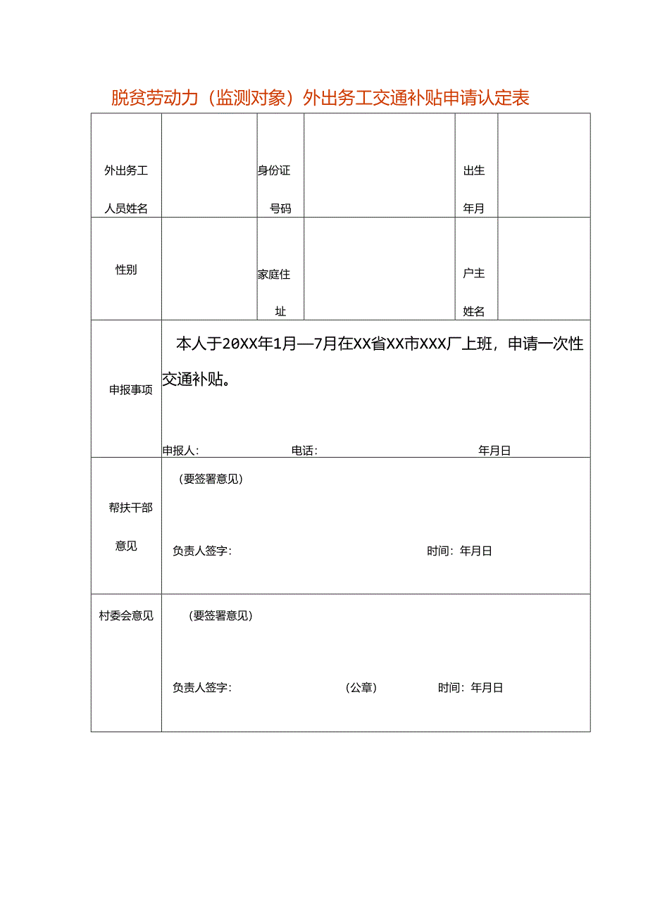 脱贫劳动力（监测对象）外出务工交通补贴申请认定表模板.docx_第1页