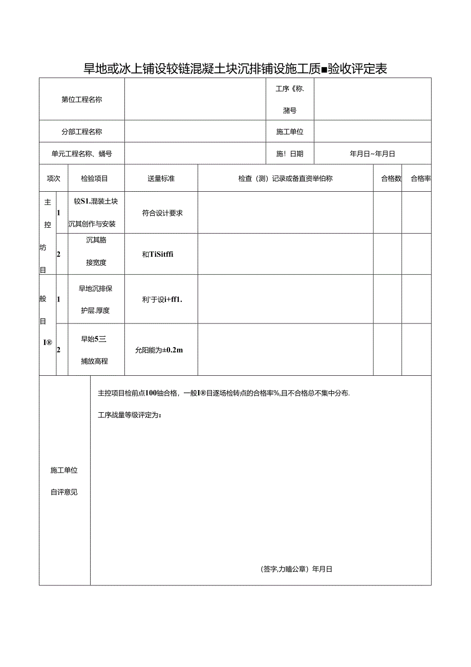 旱地或冰上铺设铰链混凝土块沉排铺设施工质量验收评定表.docx_第1页