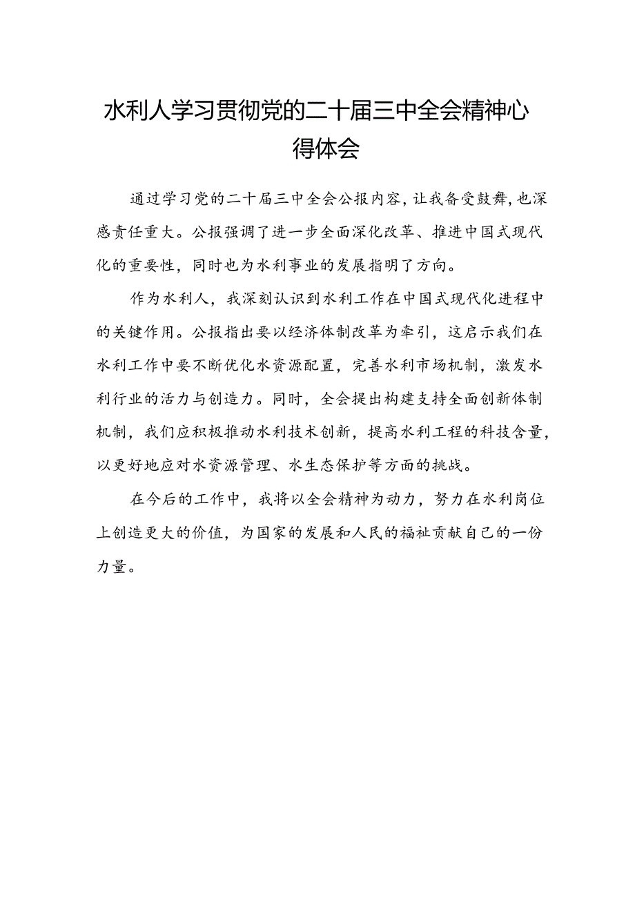 水利人学习贯彻党的二十届三中全会精神心得体会.docx_第1页