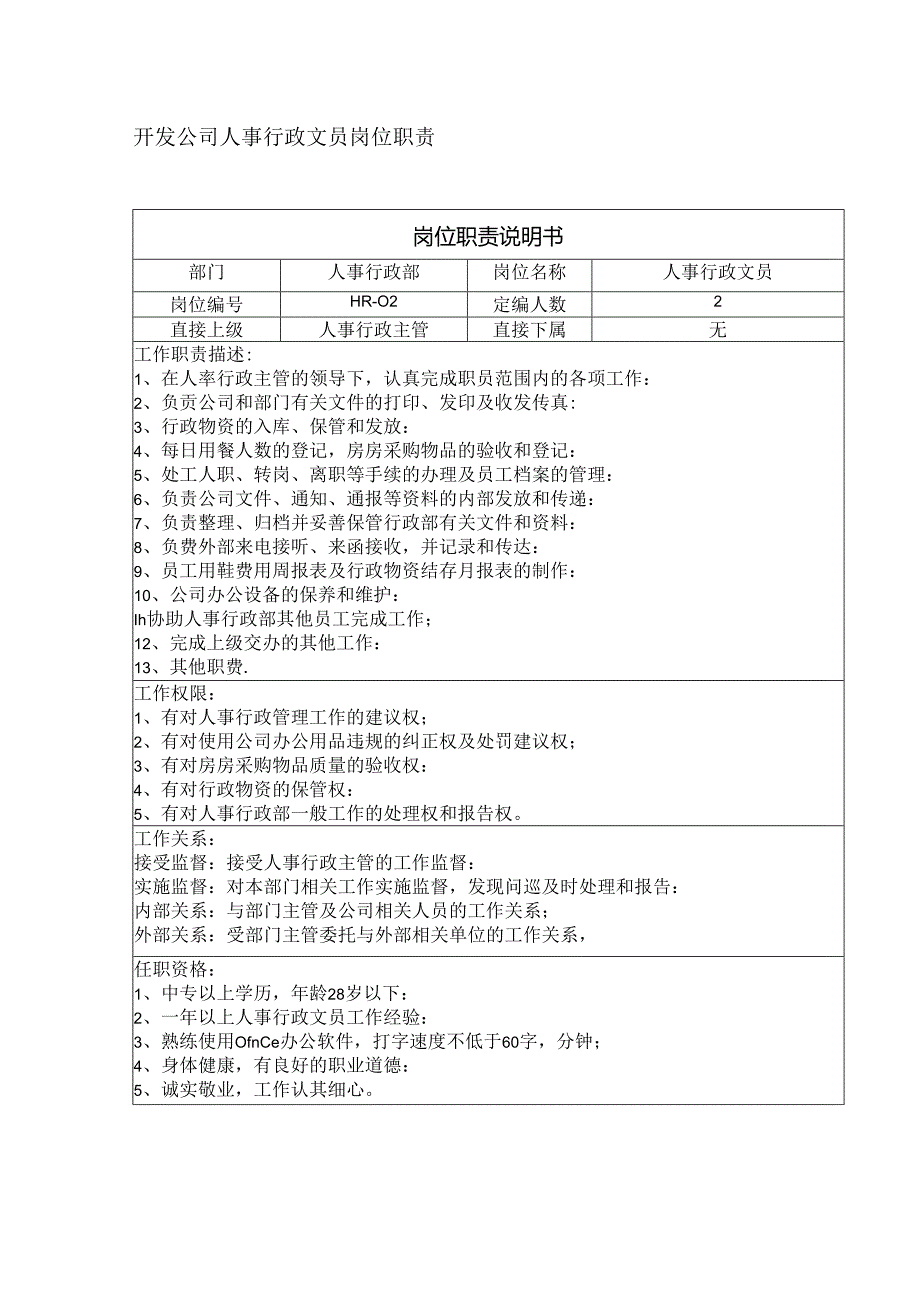 开发公司人事行政文员岗位职责.docx_第1页