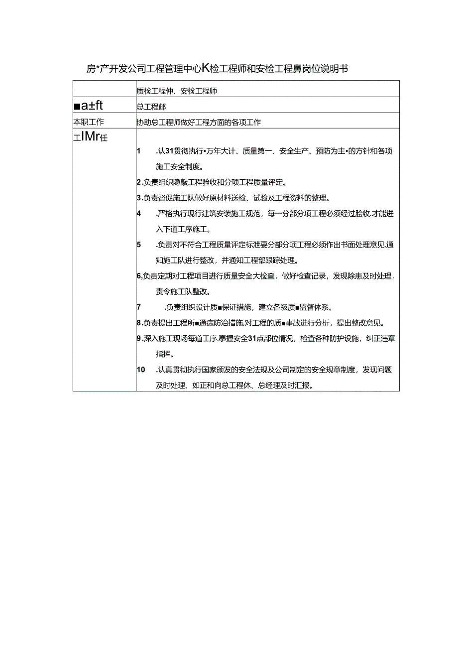 房地产开发公司工程管理中心质检工程师和安检工程师岗位说明书.docx_第1页