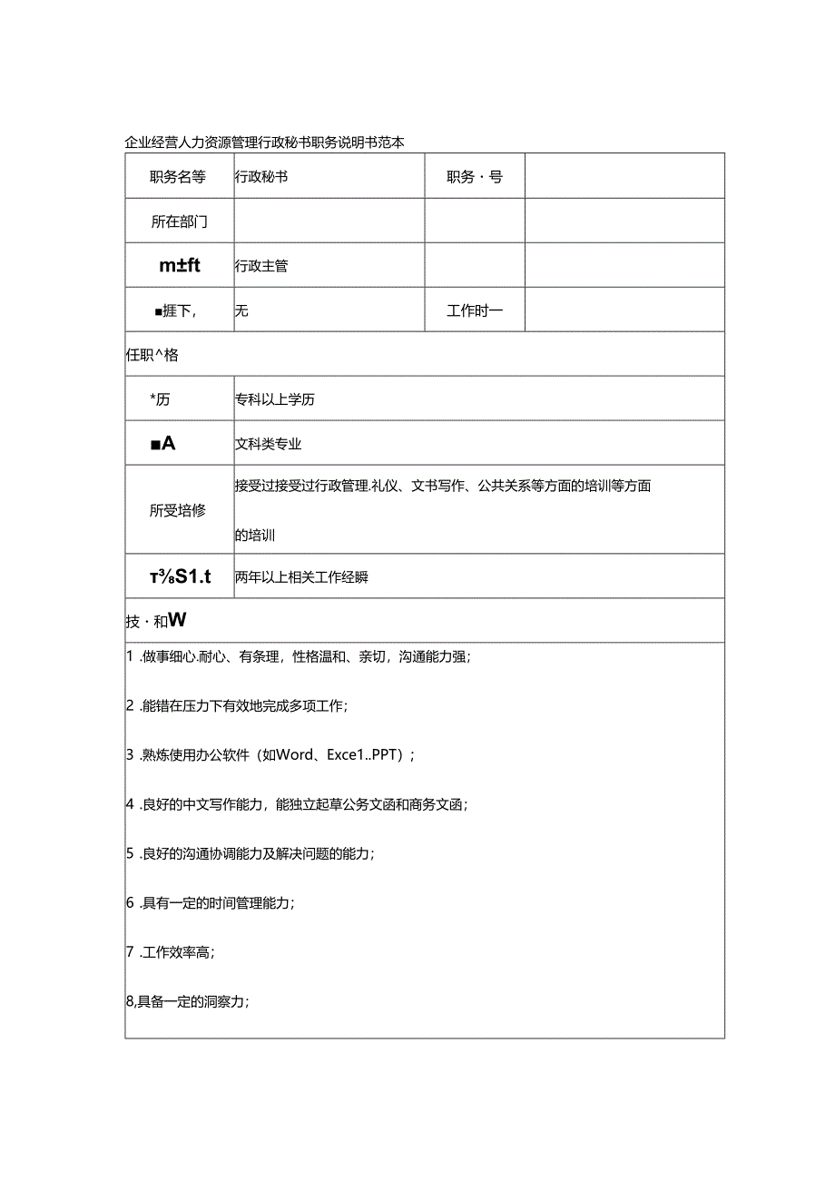 企业经营人力资源管理行政秘书职务说明书范本.docx_第1页