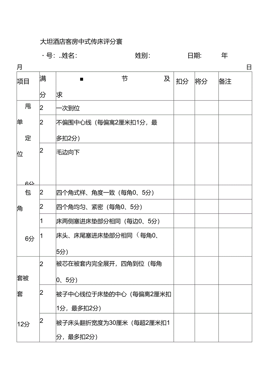 大型酒店客房中式铺床评分表.docx_第1页