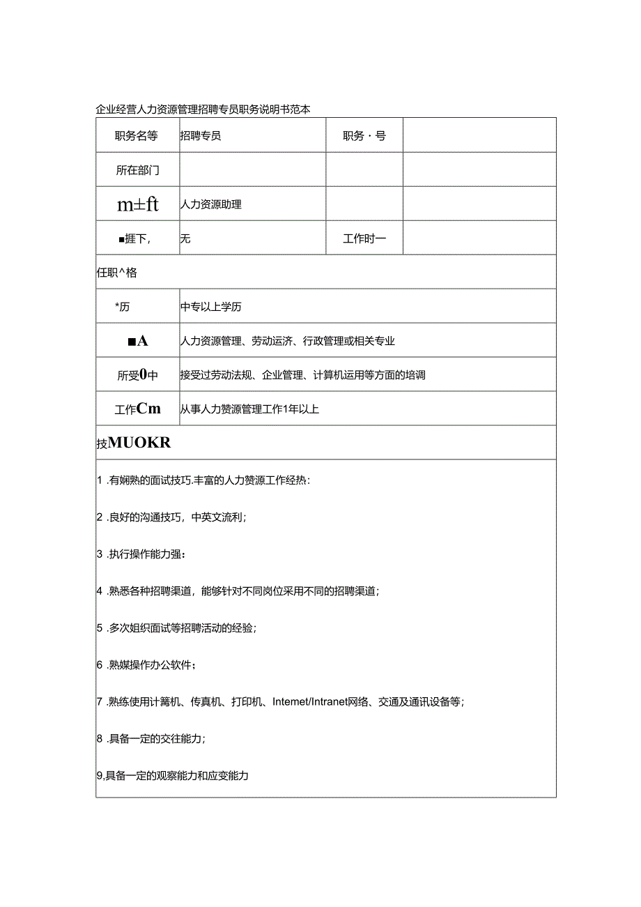 企业经营人力资源管理招聘专员职务说明书范本.docx_第1页