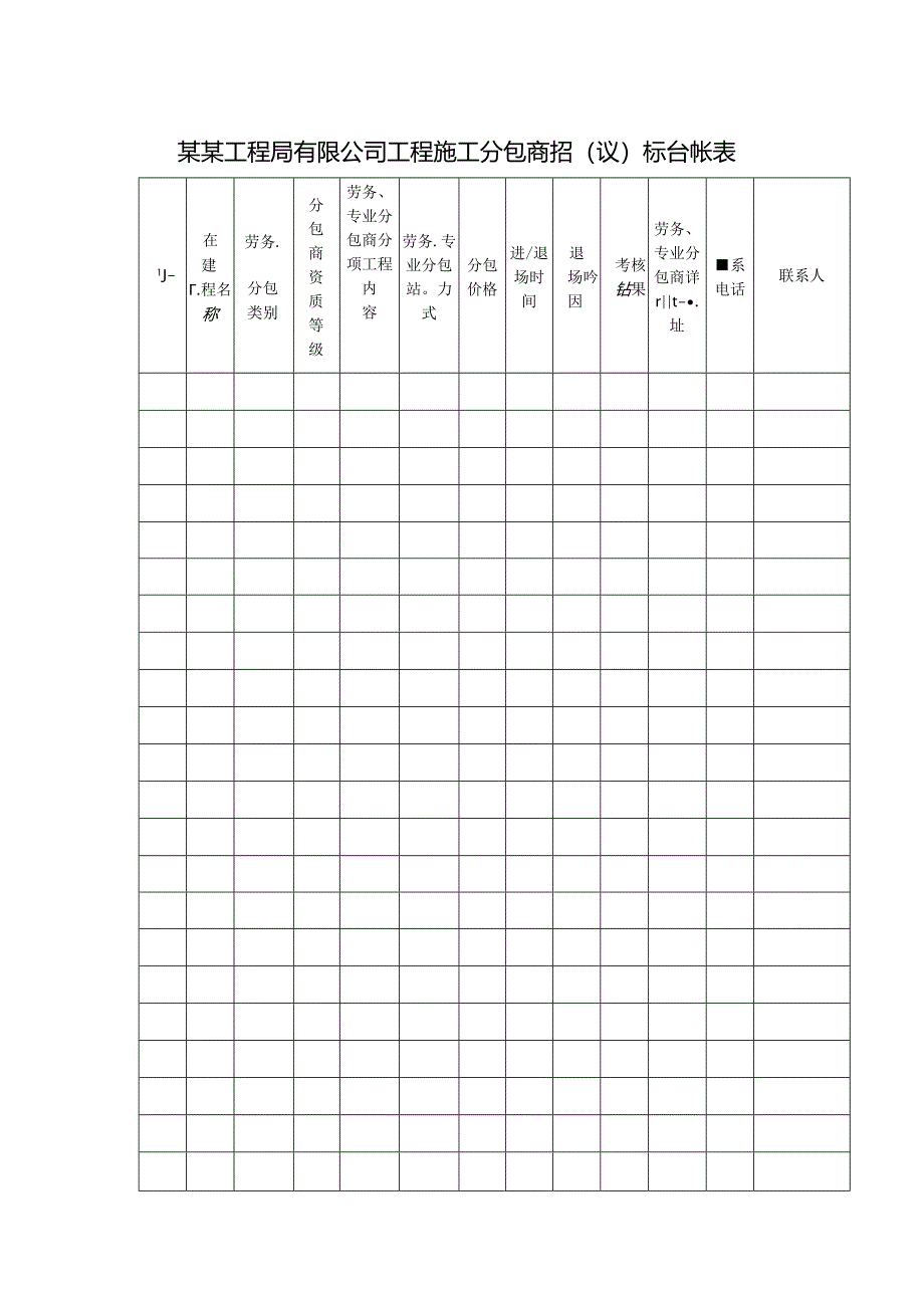 某某工程局有限公司工程施工分包商招（议）标台帐表.docx_第1页