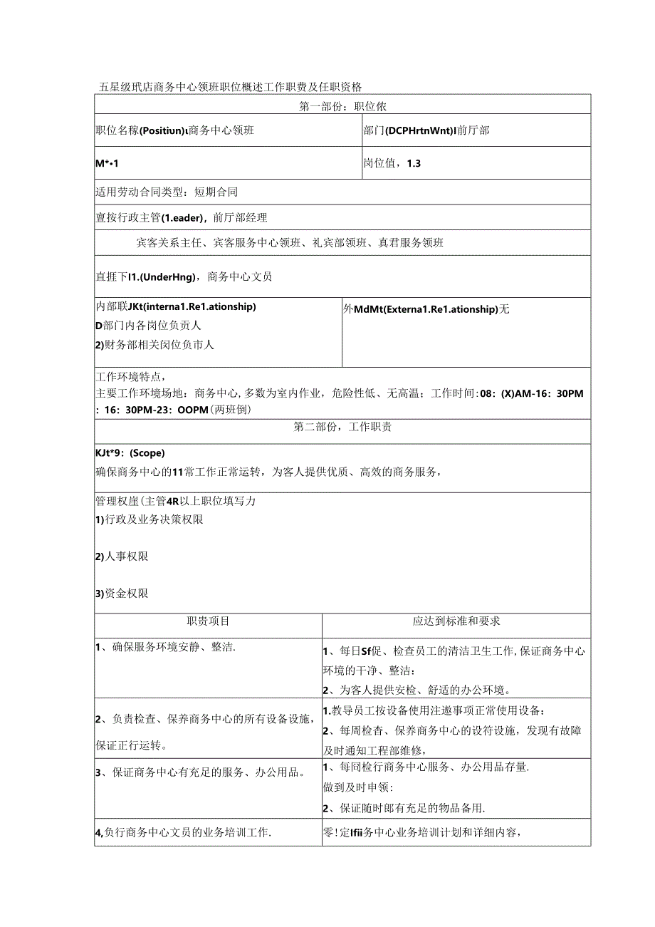 五星级酒店商务中心领班职位概述工作职责及任职资格.docx_第1页