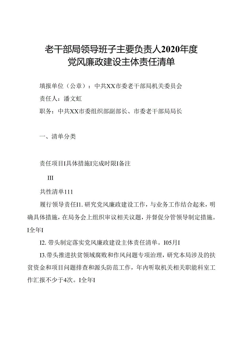 老干部局领导班子主要负责人2020年度党风廉政建设主体责任清单.docx_第1页